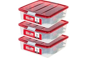 IRIS USA 33 Qt. Holiday Wreath Storage Container Box with Lid, 3-pack, Stackable Under Bed Storage Organizer Bin with Latching Buckles for 20" Wreaths Festive Holiday Decorations Garlands, Clear/Red