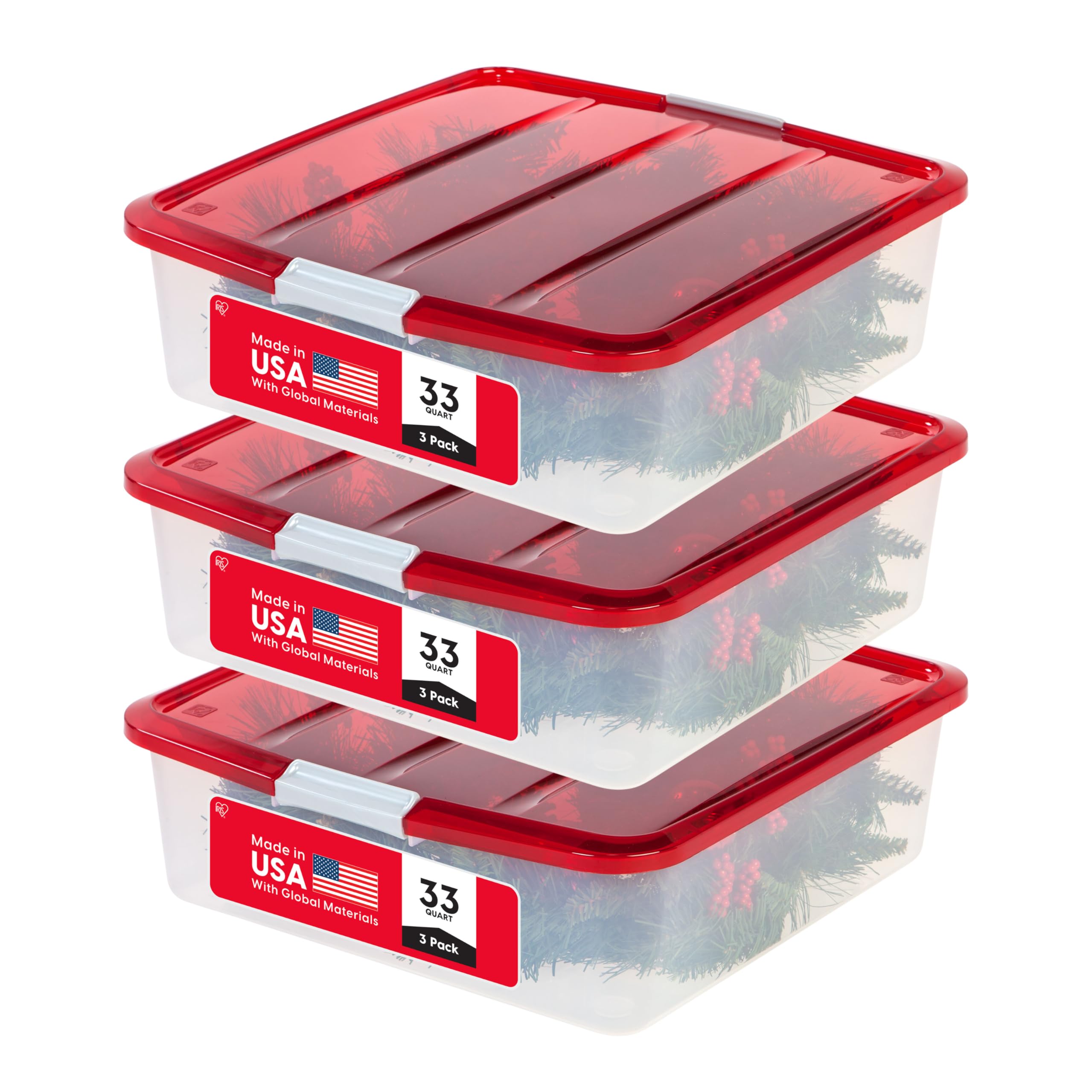 Photo 1 of ******reference photo******IRIS USA 33 Qt. Holiday Wreath Storage Container Box with Lid, 3-pack, Stackable Under Bed Storage Organizer Bin with Latching Buckles for 20" Wreaths Festive Holiday Decorations Garlands, Clear/Red