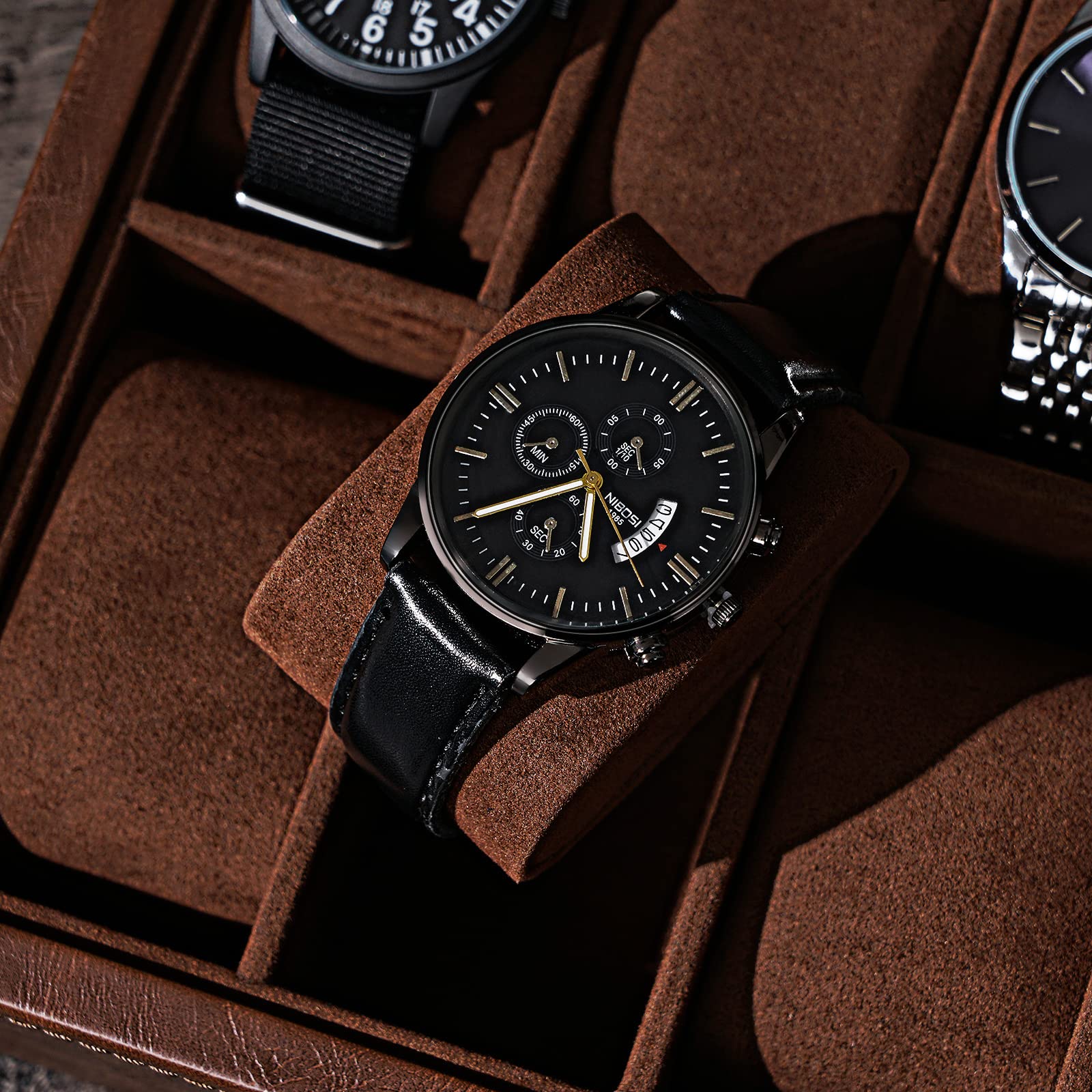 BEWISHOME Watch Case, 12-Slot Watch Box with Large Glass Lid, Watch Case for Men Watch Box Organizer, Mens Jewelry Box Removable Watch Pillows, Synthetic Leather, Brown SSH08Z