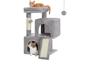 PAWZ Road Cat Tree, 30 Inches Cat Tower with Dual Condos for Indoor Cats, Plush Cat House with Padded Perch, Scratching Ramp and Posts and Replaceable Balls-Gray
