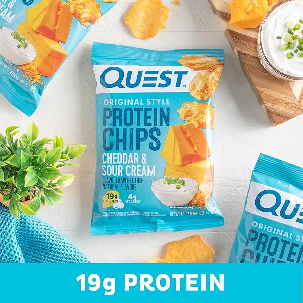 QUEST NUTRITION CHEDDAR & SOUR CREAM PROTEIN CHIPS, 19G PROTEIN, 4G NET CARBS, LOW CARB, GLUTEN FREE, 1.1 OZ, 4 COUNT