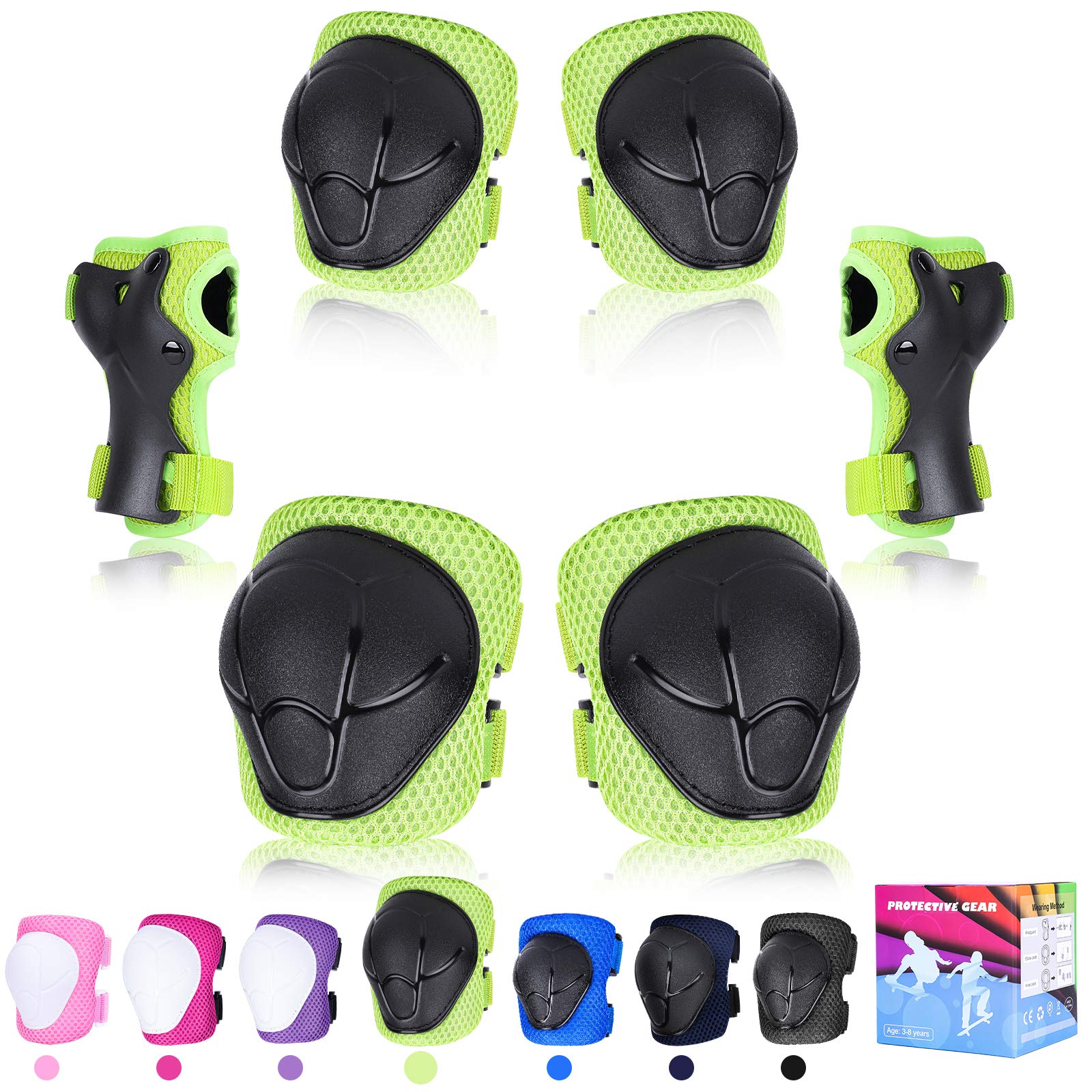 Kids Protective Gear Set, Kids Knee Pads Skateboard 6 in 1 Elbow and Knee Pads for Children,Wrist Guards Skateboarding Protective Gear Kids with Adjustable Strap Pads for Skating Biking Cycling