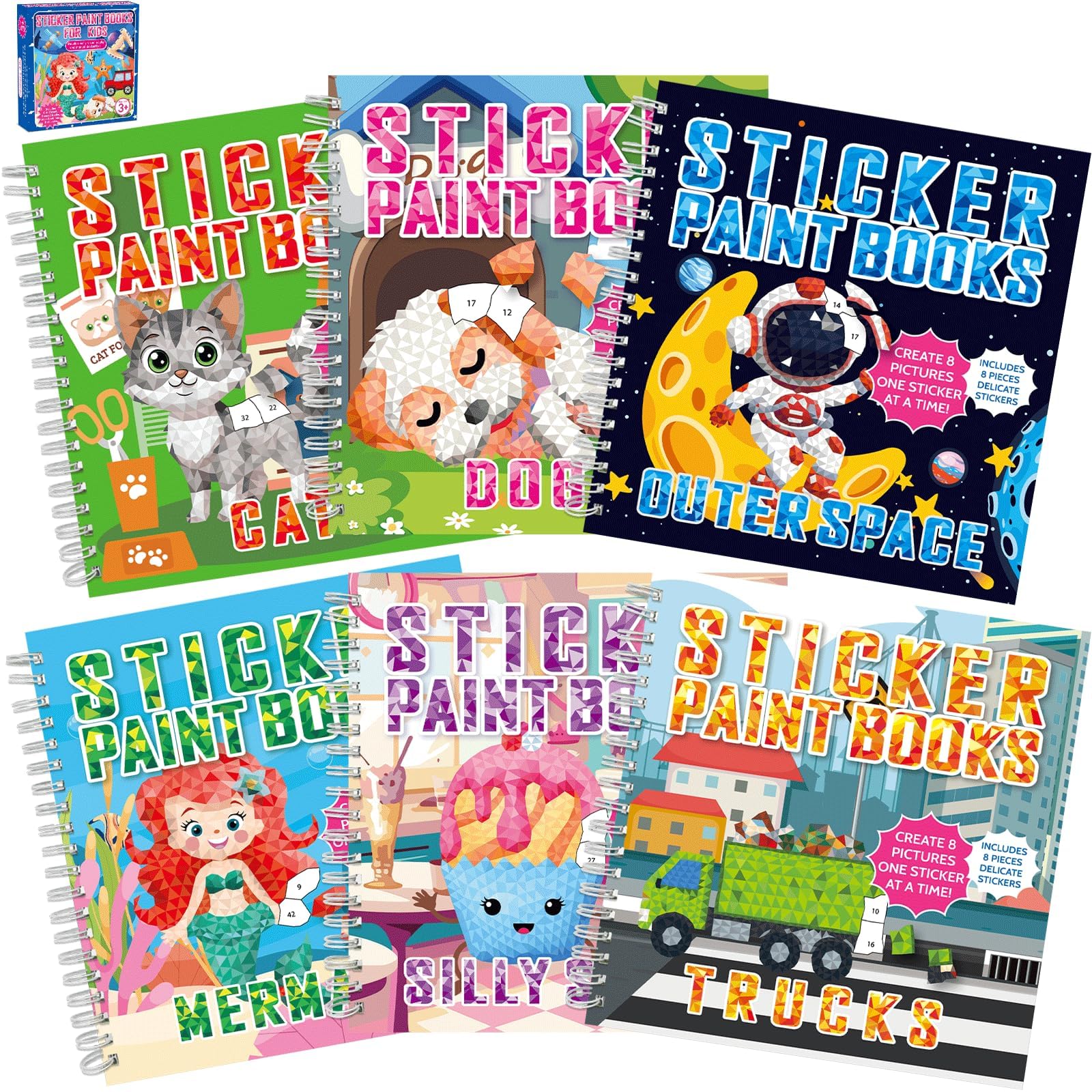 Photo 1 of gisgfim 6 Pcs Paint by Sticker Books Sticker by Number Books Activity Book Sticker Puzzle Book Craft Art Gift with Mermaid Truck Outer Space Cat 48 Pictures Sticker by Number Book Set Party Favors