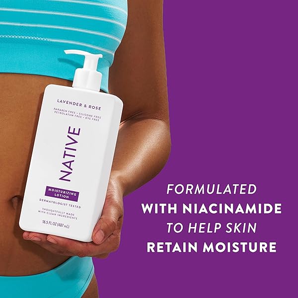 NATIVE BODY LOTION, LAVENDER & ROSE, 48-HOUR HYDRATION FOR DRY & SENSITIVE SKIN, MADE WITH PLANT-BASED MOISTURIZERS LIKE SHEA BUTTER, SILICONE & PARABEN FREE, 16.5 FL OZ