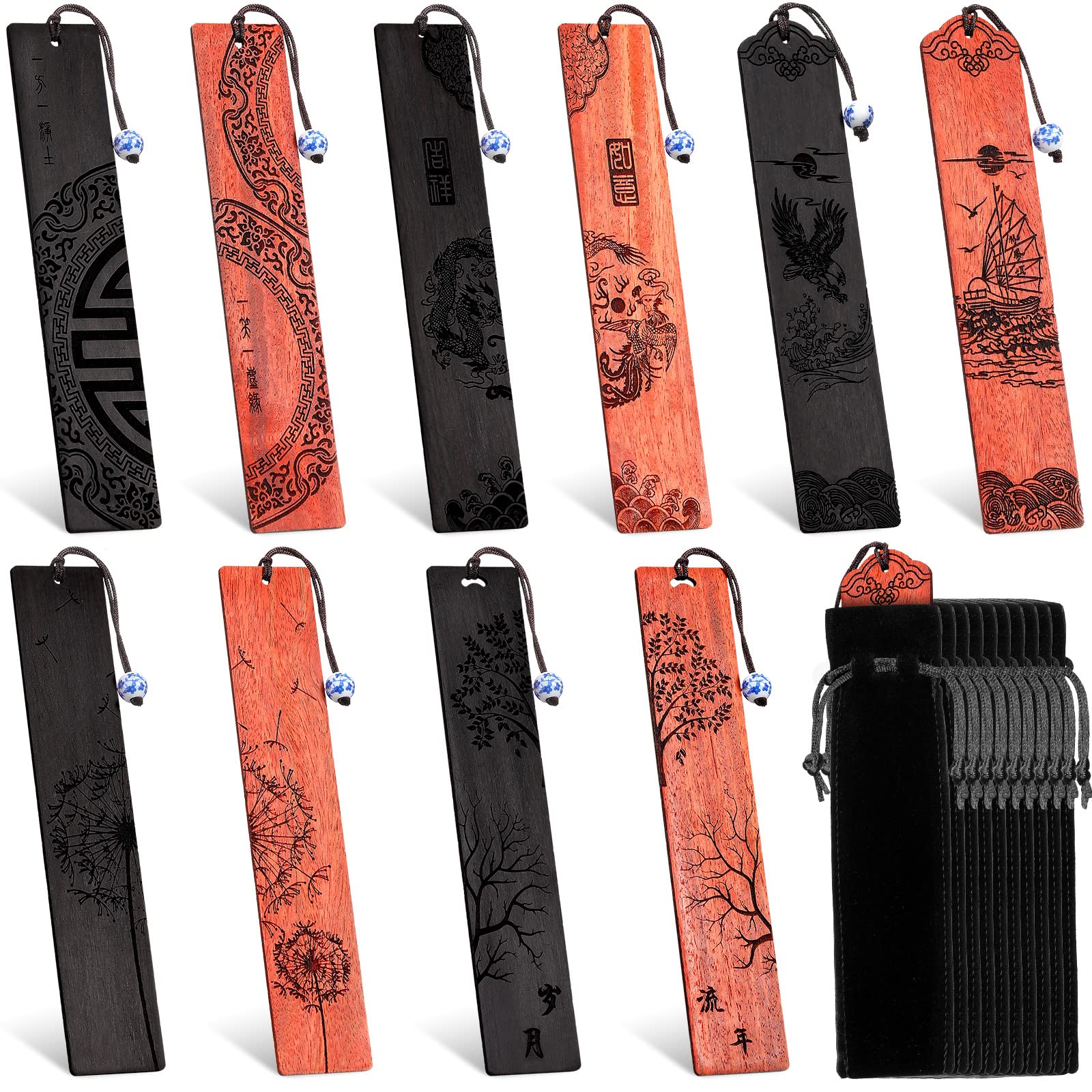 Photo 1 of 10 Pcs Wooden Bookmark Craft with 10 Pcs Velvet Bags Set Handmade Wooden Carving Book Mark with Porcelain Pendant for Women Men for Office Teacher Students Supplies (Noble Style)