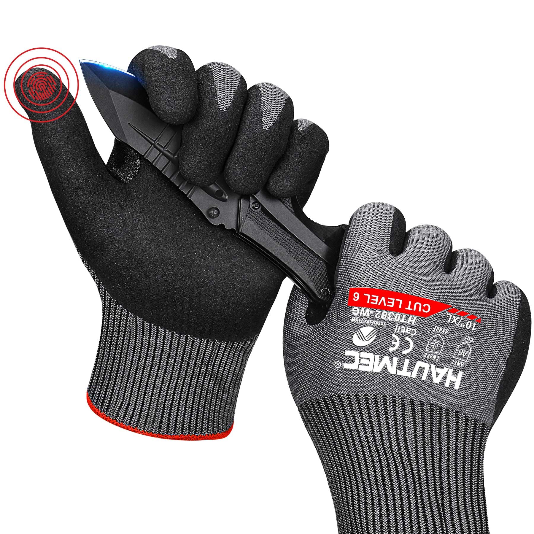 HAUTMEC ANSI A6 Cut Resistant Work Gloves, EN 388 4X42F Cutting Proof Gloves for Men, InnoFlex 13-Gauge Knit Nitrile Dipped, Touchscreen, Breathable for Construction/Machinery/Glass/Garden(XL)