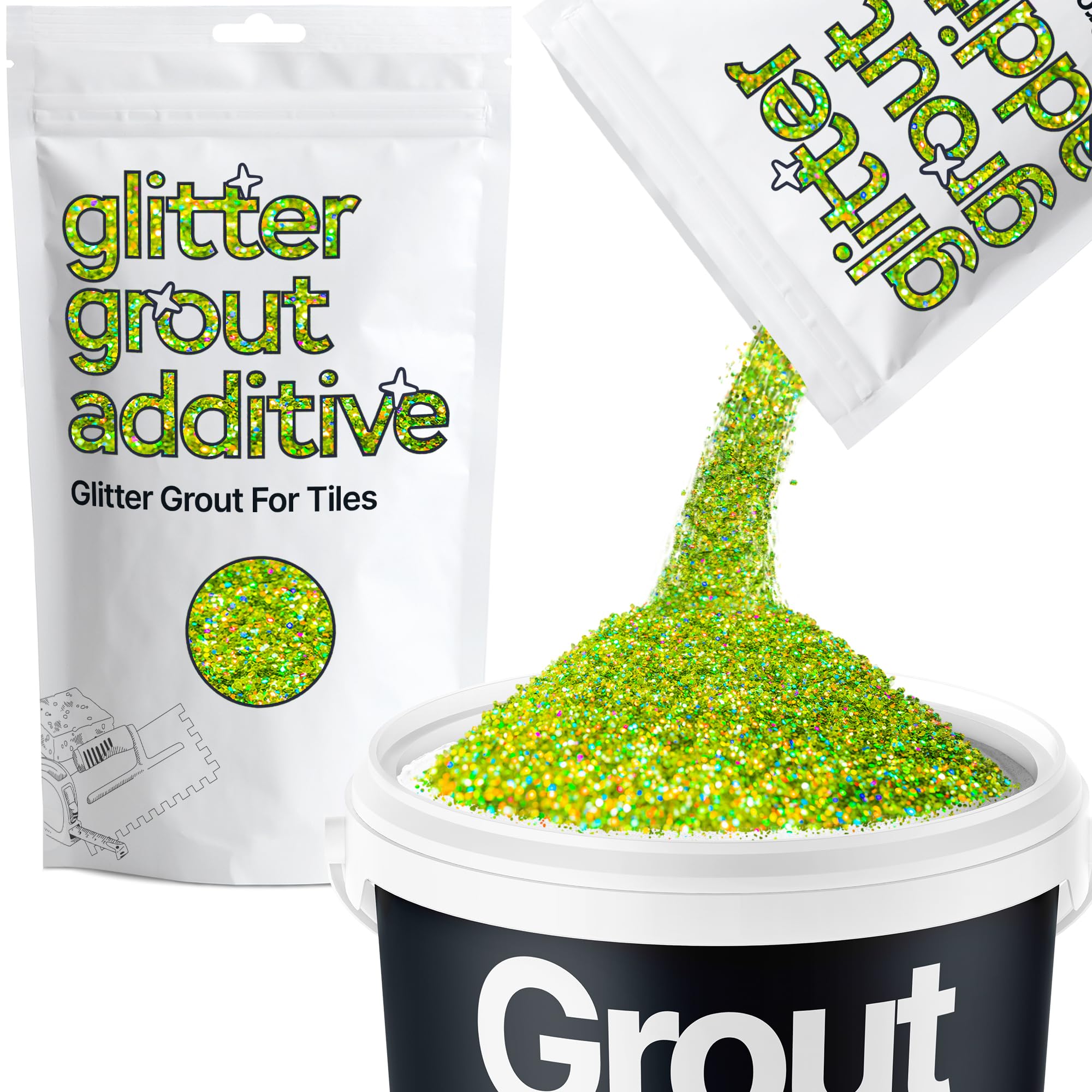 Hemway Lime Green Holographic Glitter Grout Additive 100g Metallic Flakes for Adding Sparkle to Kitchen & Bathroom Tiles | Enhance Your Indoor Grouting Projects with a Durable Sparkly Effect