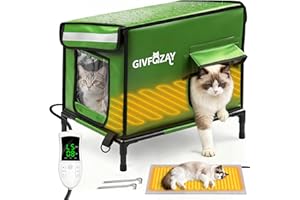 GIVFOZAY Heated Cat House for Outside use 900D Oxford Cloth, Outside Cat House Weatherproof with Remote Control Heating Pad, Insulated Cat Houses with Sloped Roof for Drainage, Raised Legs to Isolate Moisture