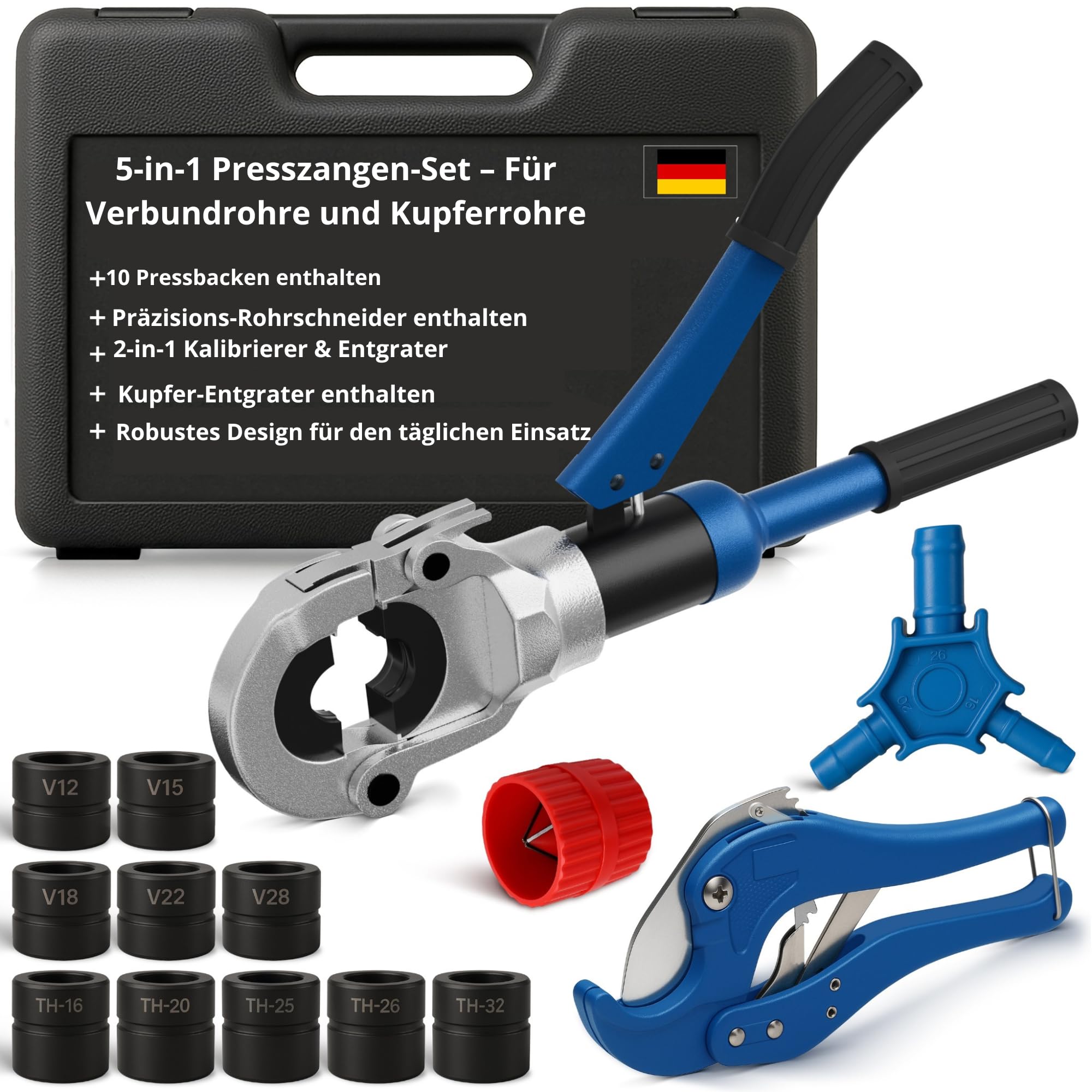 Multischicht & Kupfer Presszange TH‑V mit 10 Backen – Komplettset mit Rohrschneider, Kalibrierer und Entgrater – Kompatibel mit PER