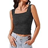 Ziesexy Womens Crop Floral Tank Top Square Neck Wide Straps Cropped Tank Tops Slim Fit Lettuce Trim Boho Summer Tops