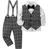 YUEMION Toddler Baby Boy Clothes Suits Gentleman Dress Shirt+Bowtie+Vest+Suspender Pants Boy Formal Wedding Outfits Set 1-5T