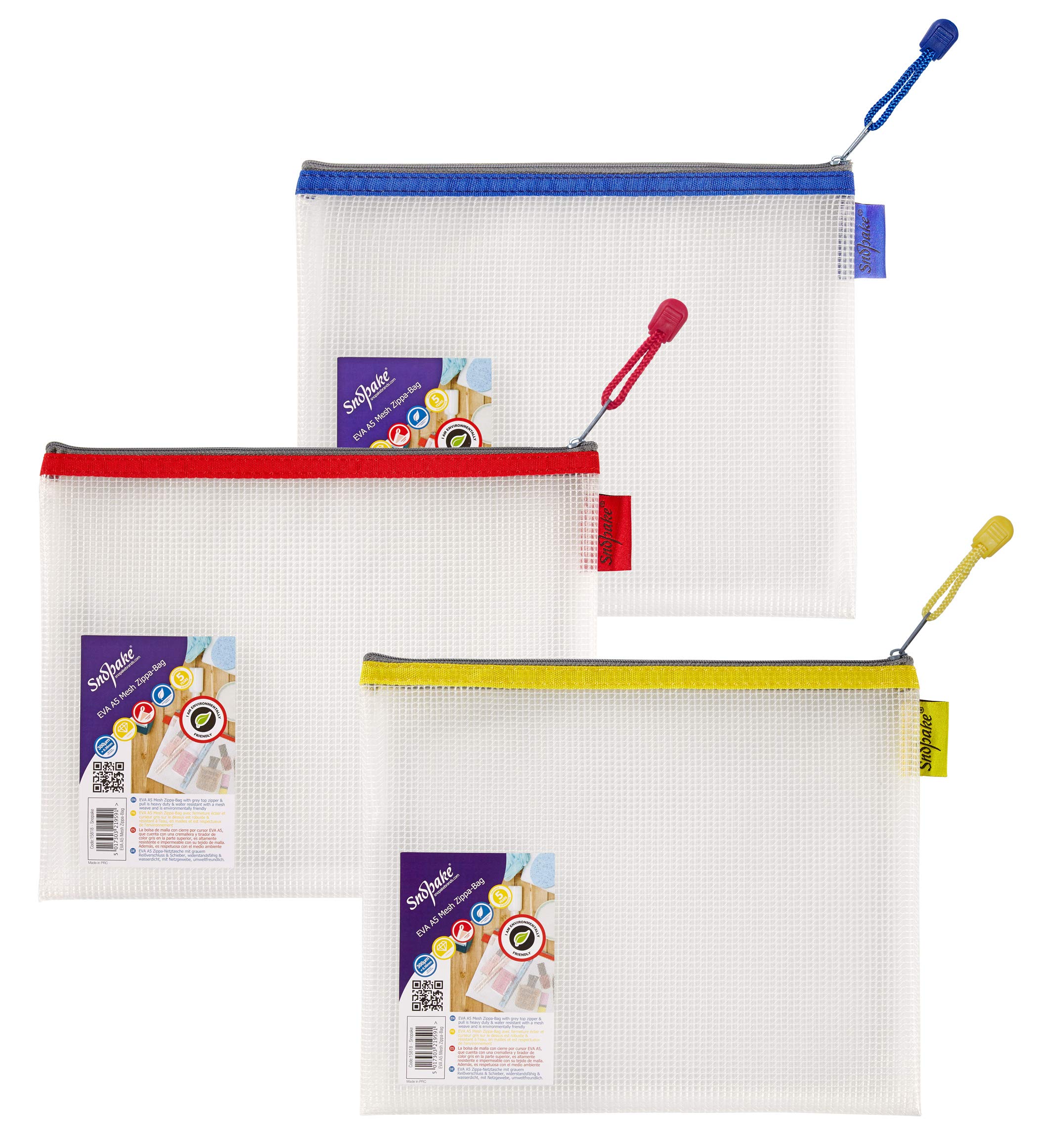 Snopake A5 Heavy Duty EVA Mesh Zippa-Bag [Pack of 3] 255 x 205 mm - Transparent/Assorted [15818]