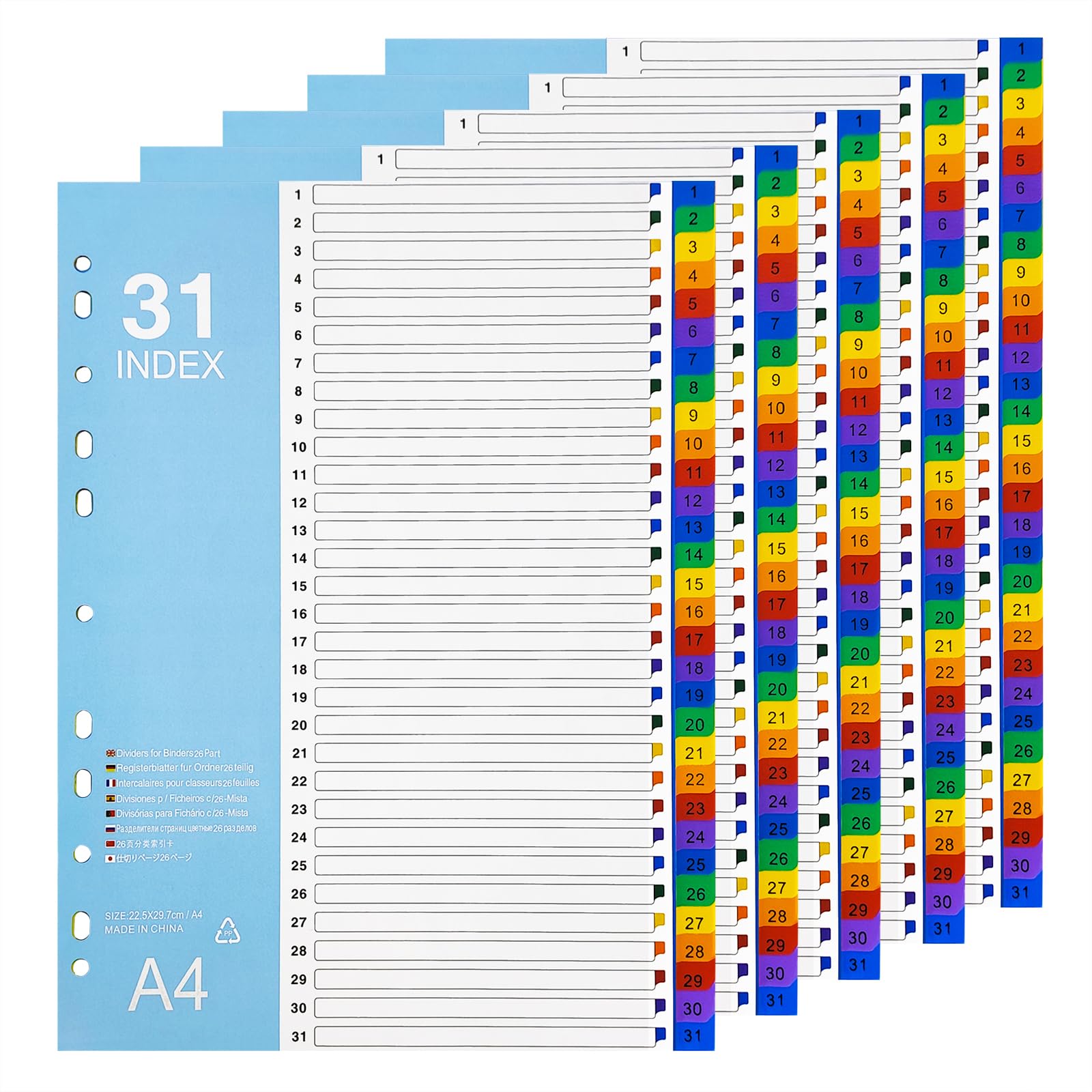 GUOKOFF File Dividers A4, 1-31 Part Folder Dividers, 5 Pack Index Dividers, Plastic Binder Dividers with Multi Hole Punched, Subject Dividers for Lever Arch Files