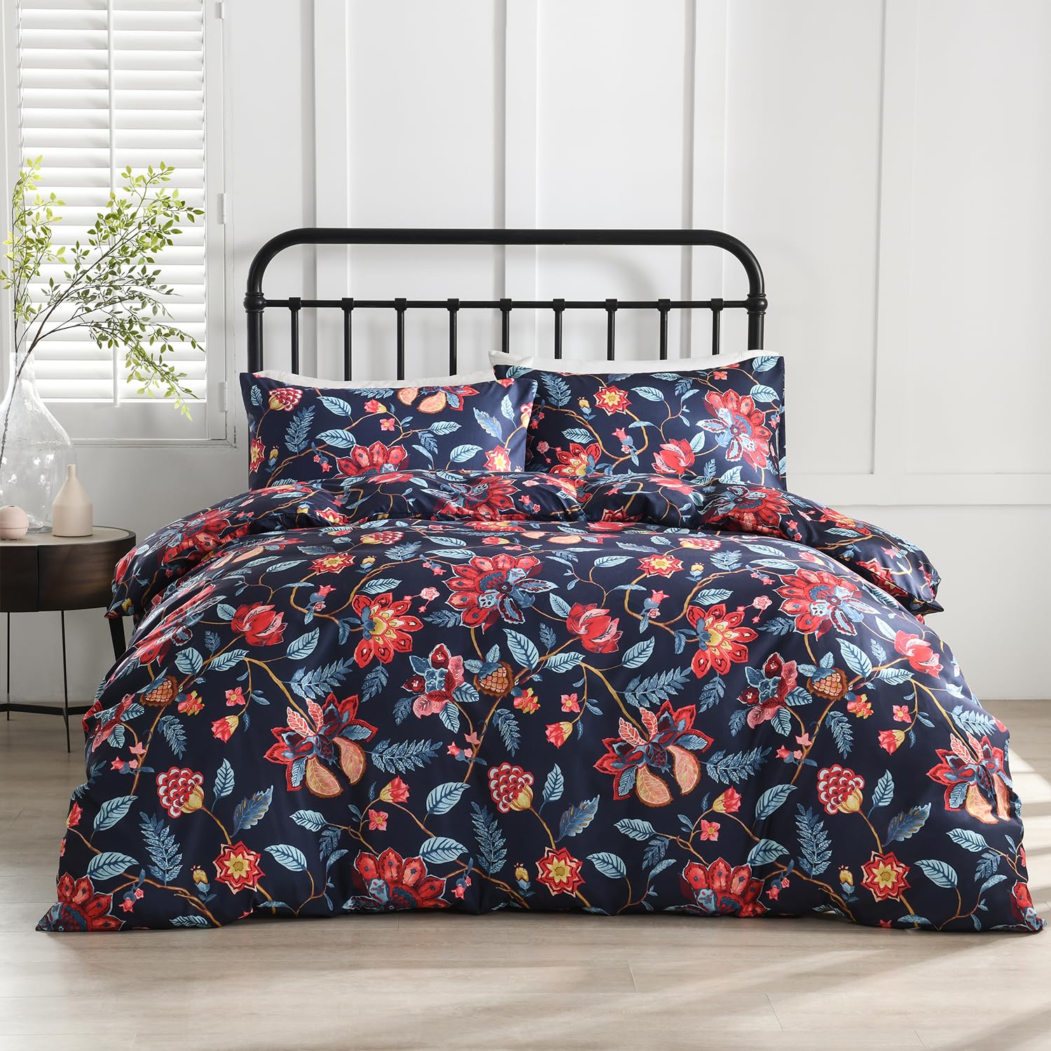 HORIMOTE HOME Double Duvet Set,Bohemian Floral Duvet Cover with 2 Pillow cases, Soft Boho Bedding Quilt Cover Set,Navy Jacobean,200 x 200 cm