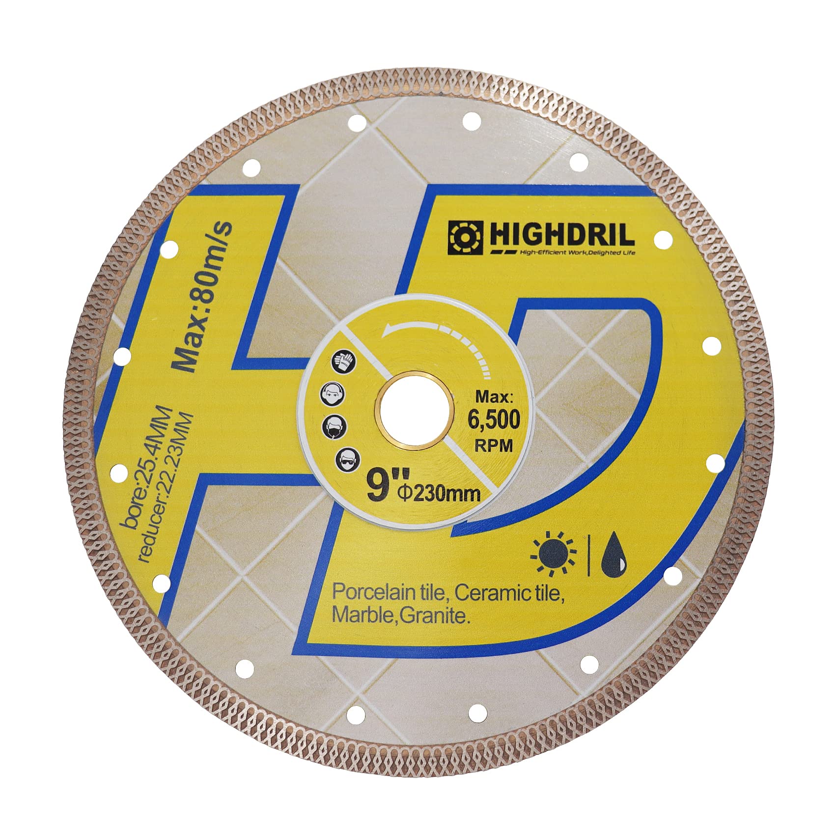 HIGHDRIL Diamond Saw Blade - 230MM/9 Inch Diamond Tile Blade Disc Cutting Porcelain Tile Ceramic Granite Marble Dry or Wet Use Circular Saw Blade with Turbo X Mesh