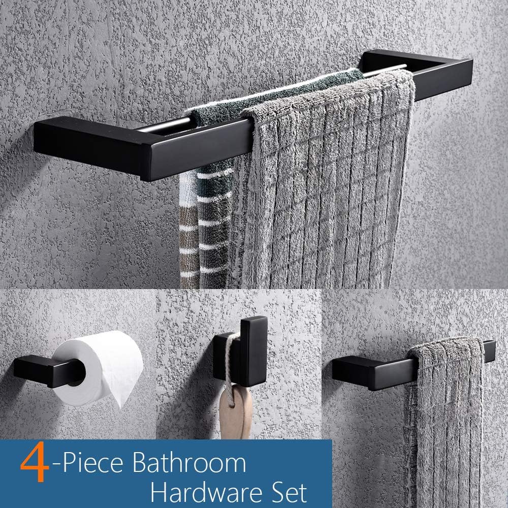 Turs 4-Piece Bathroom Hardwre Set Stainless Steel Toilet Paper Holder Towel Bar with Two Rails Robe Hook Towel Ring Wall Mount, Matte Black Finish, N1BK-B4