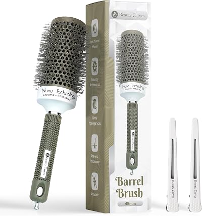 Beauty Carves 45 mm Round Hair Brush with 2 Clips – Nano Ionic Ceramic