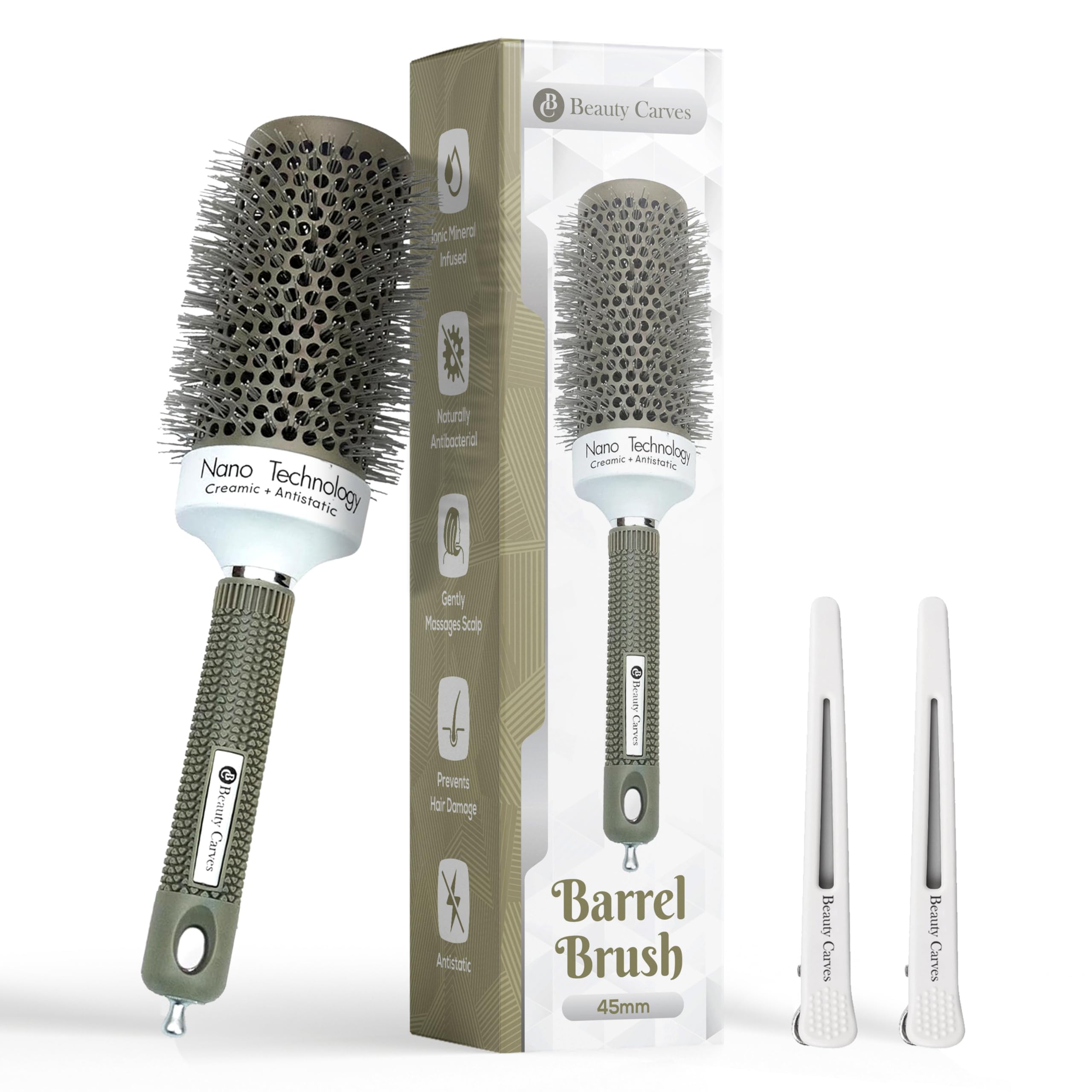 Beauty Carves Round Hair Brush 45 mm Barrel with 2 Clips – Thermal Ceramic Blow Dry Brush for Salon Styling, Curling & Volume – Nano Ionic Heat-Resistant Barrel with Flexible Nylon Bristles