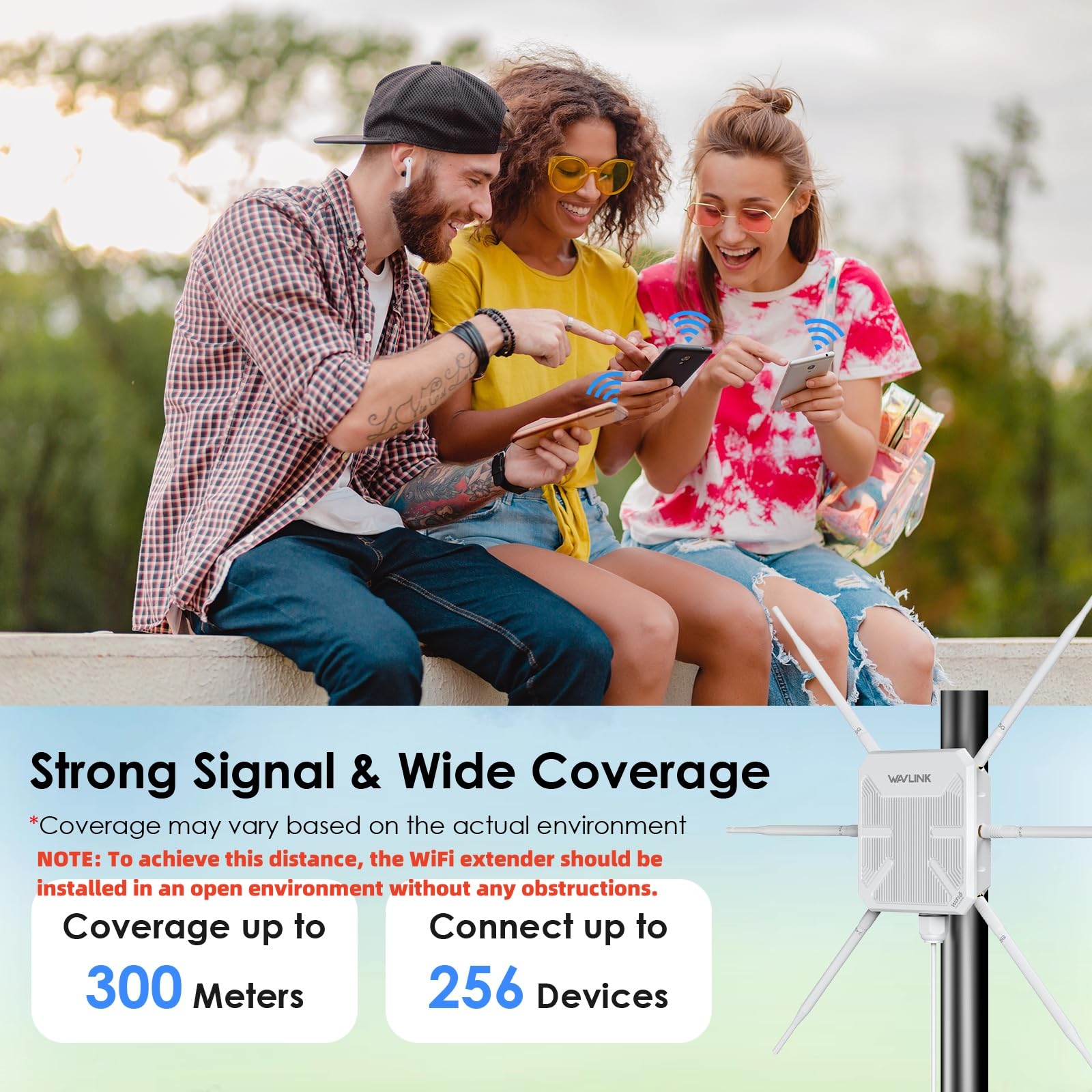 2026 AX3000 Outdoor WiFi 6 Extender, WAVLINK Long-Range WiFi Repeater/Access Point with Dual Band/PoE/IP67 Waterproof/6 x 7dBi Antennas, Supports Up to 256 Devices for Garage, Yard, RV,Farm