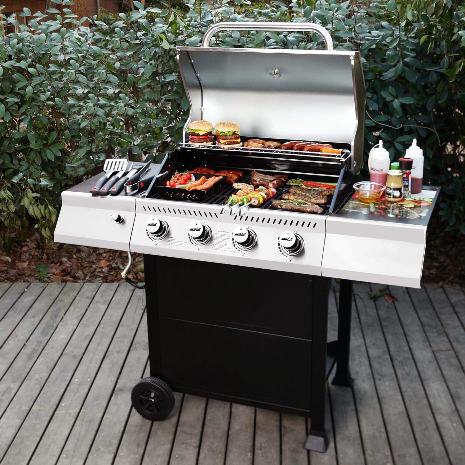 Royal Gourmet GA4400T Stainless Steel 4-Burner BBQ Liquid Propane Gas Grill, 40,000 BTU Cart Style Perfect Patio Garden Picnic Backyard Barbecue Grill with Side Tables: Garden & Outdoor