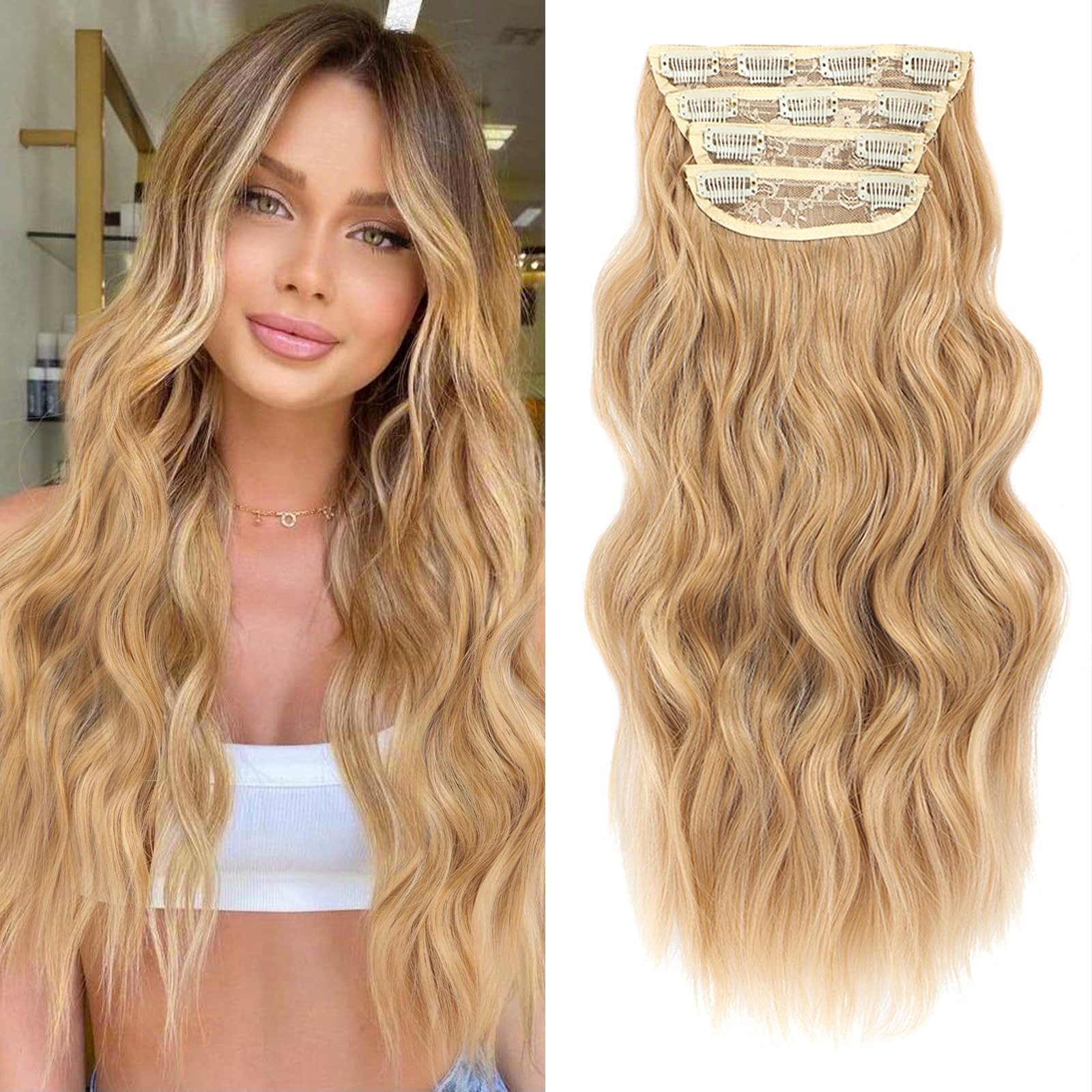 Photo 1 of NAYOO Honey Blonde Clip In Hair Extensions 4PCS Wavy Curly Hair Extensions Synthetic Fiber Double Weft Soft Hairpieces For Women?20 inch, Honey Blonde?