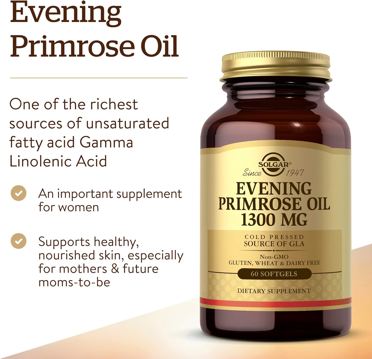 Solgar Evening Primrose Oil 1300 mg, 60 Softgels - Promotes Healthy Skin & Cardiovascular Health - Nutritional Support for Women - Non-GMO, Gluten Free, Dairy Free - 60 Servings: Health & Personal Care