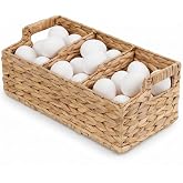 3-Divider Storage and Organizer Basket, Egg Countertop Holder with Handle | Handwoven Water Hyacinth 60-Egg Large Dispenser, Reinforced Metal Frame and Built-In Handles, Farmhouse Organizer