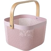 Simplify Small Mesh Storage Basket with Wooden Handle | Blush Color | Plastic Organizer Bin | Pantry Organization | Cabinet Storage
