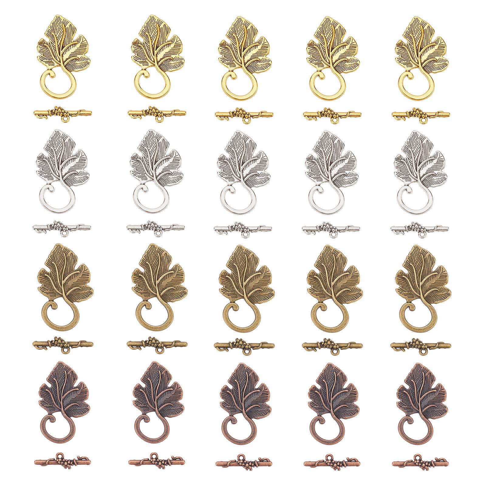 SUPERFINDINGS 40 Sets 4 Colors Leaf Shapes Tibetan Style Alloy Toggle Clasps Flat Round OT Bar Connectors Ring and Bar Clasps for Jewelry Making like Necklaces Bracelets