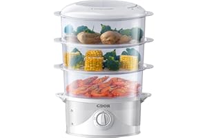 GDOR 3 Tier Electric Food Steamer for Cooking, 800W Vegetable Steamer for Fast Simultaneous Cooking, Boil Dry Protection, Dishwasher Safe, 60-Minute Timer, BPA-Free, 9.6 QT, White