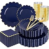 LIYH 210 Pcs Navy Blue Plates - Blue and Gold Plastic Scalloped Heavyduty Plates Disposable Dinnerware set, Gold Plastic Silverware for Wedding & Party 30 Guests