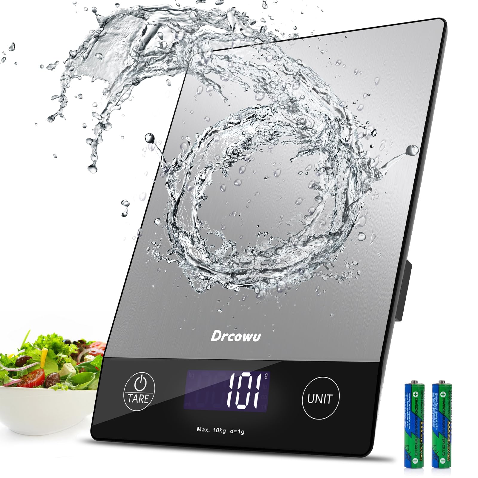 Drcowu Küchenwaage Digitale 10 kg, Waage küche Digital mit LCD-Anzeige, Multifunktions-Lebensmittelwaage, Hohe Präzision auf bis zu 1g, Tara-Funktion, 6 Einheiten, zum Kochen Backen