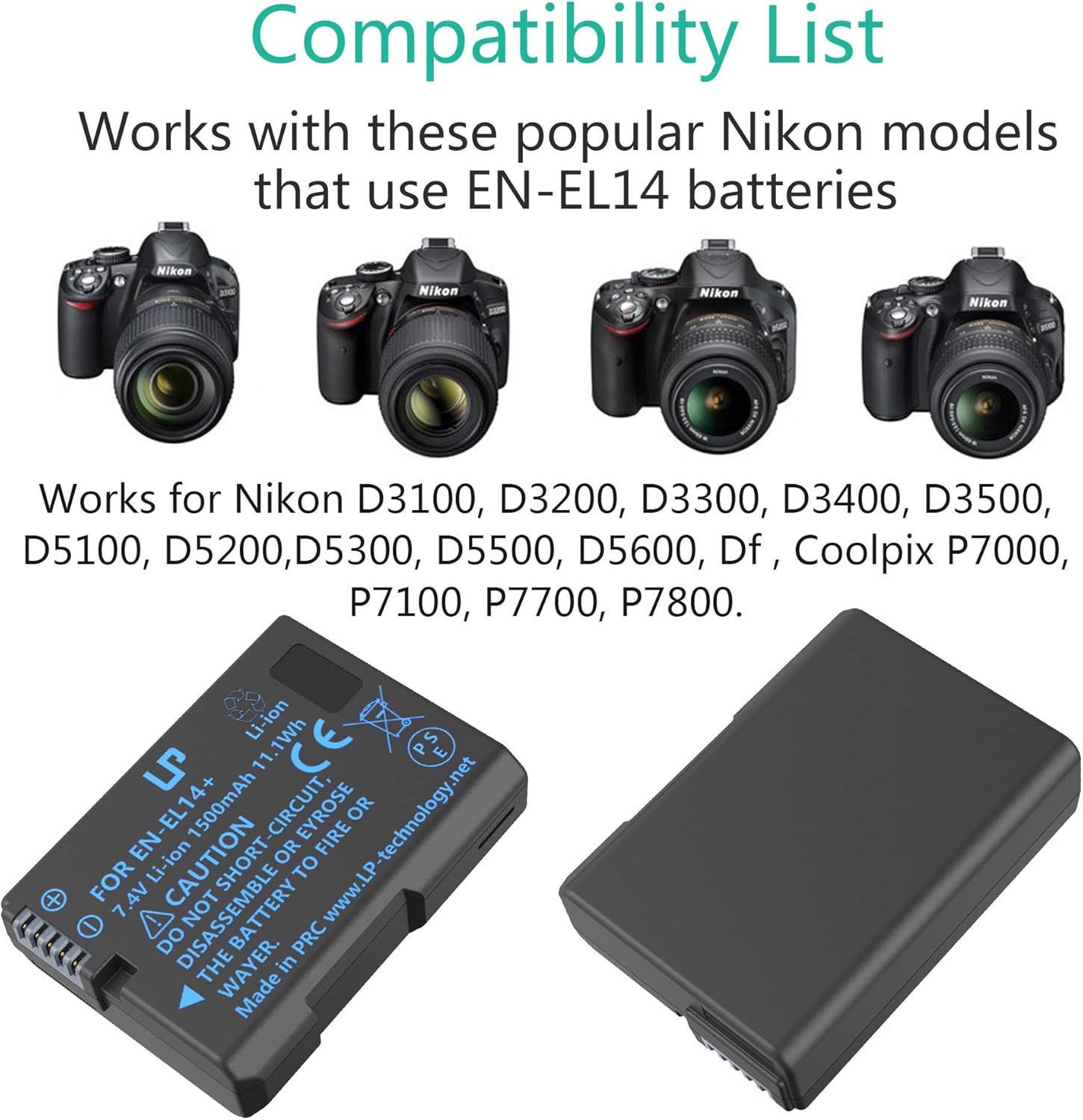 EN-EL14 EN EL14a Battery Charger Pack, LP Charger Compatible with Nikon D3500, D5600, D3300, D5100, D5500, D3100, D3200, D5200, D5300, D3400, DF, Coolpix P7000, P7100, P7700, P7800 Cameras & More : Camera & Photo