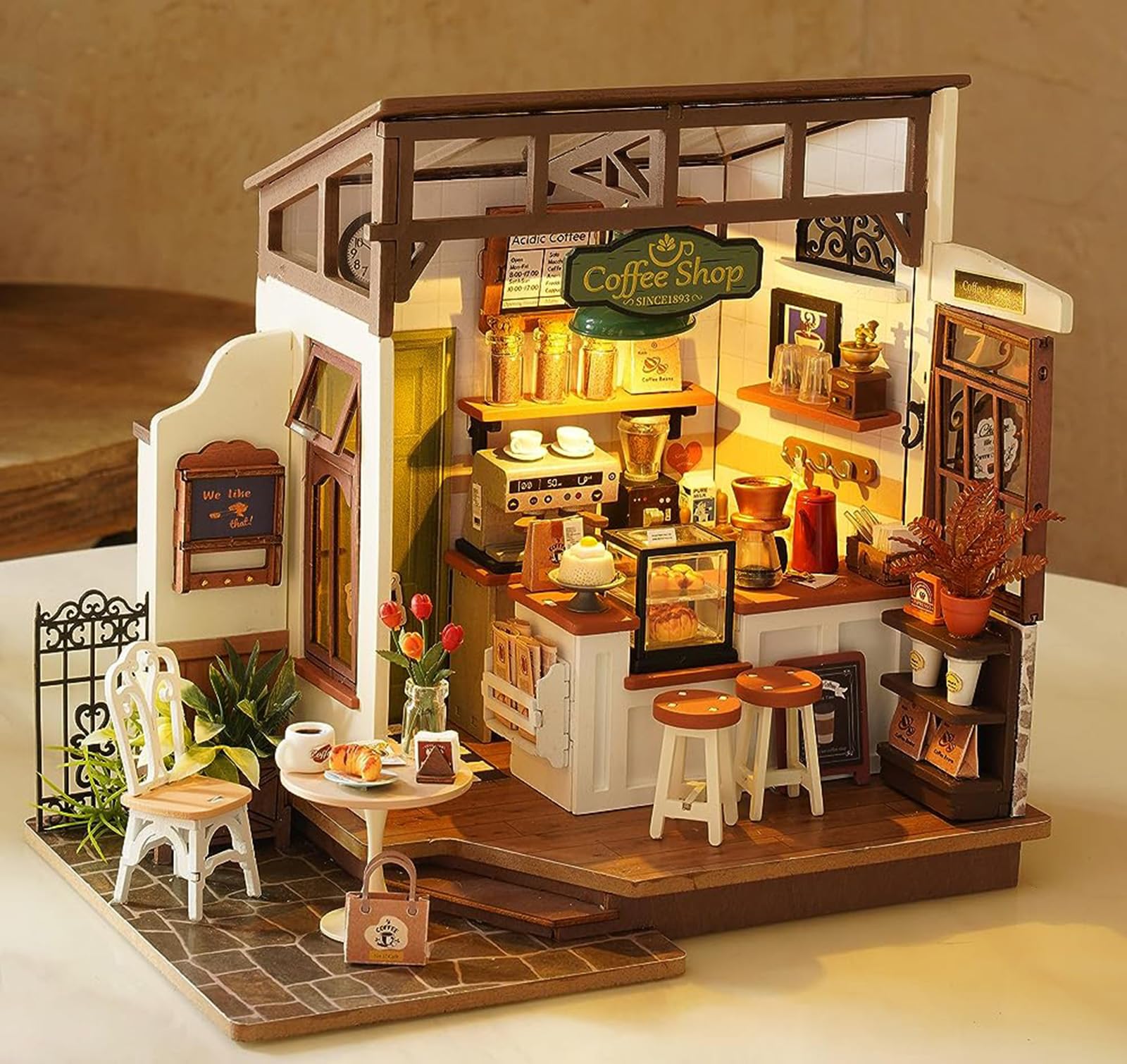 ROBOTIME DIY Wooden Dollhouse Set with Miniature Furniture, Model Building Set with Accessories and LED, Model Kit for Adult and Children, Holiday Birthday (NO.17 Coffee) — image 1