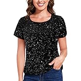 Anna-Kaci Women's Sparkly Sequin Velvet Tops Short Sleeve Crew Neck Shirt Party Club Blouse