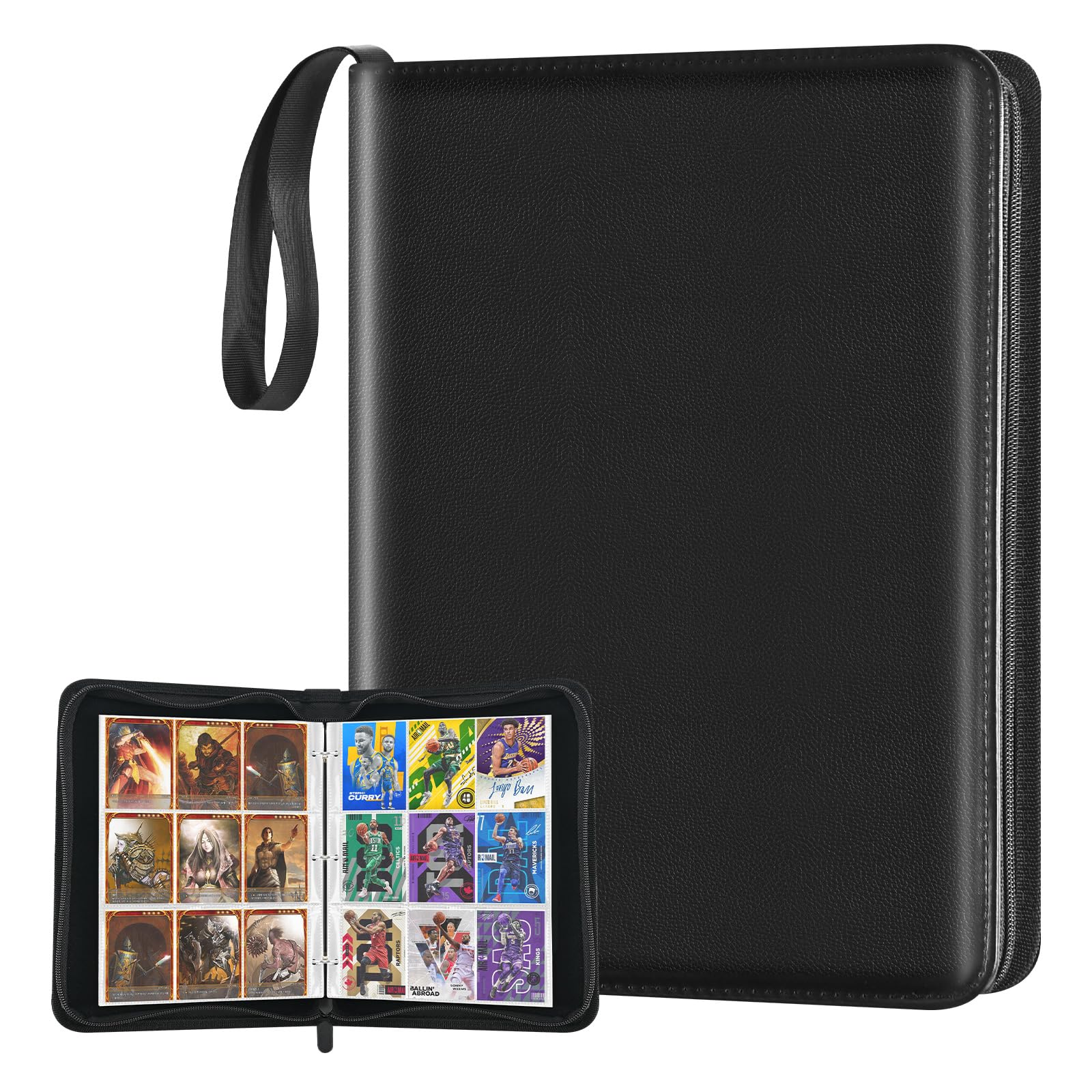 Photo 1 of Xrunmix Trading Card Binder, 900 Pockets Card Sleeves with Zipper Card Display, Double Sided Pocket Sports Card Holder, Carry Case for Sports/Game Card(Black) (900 Pockets)