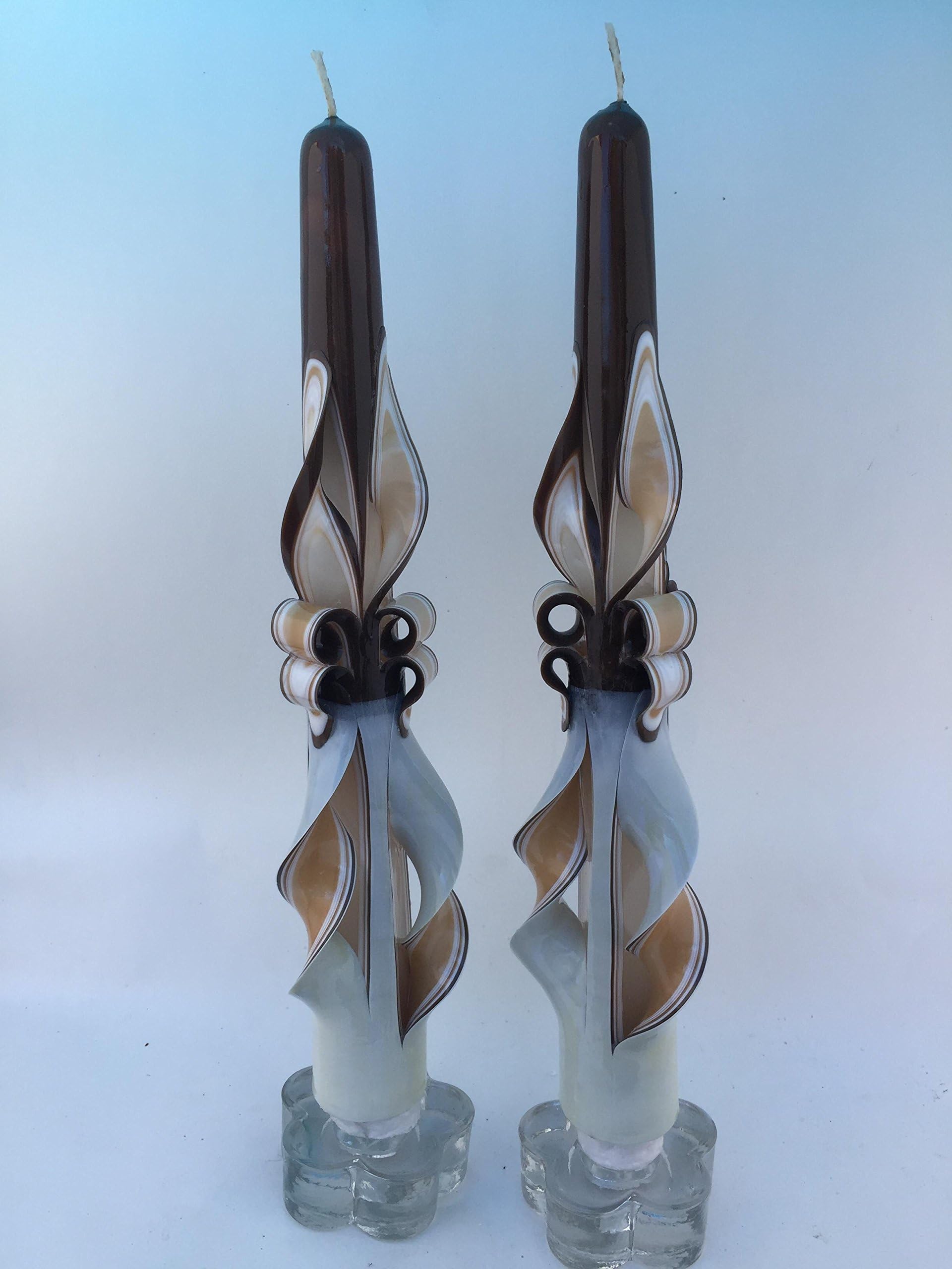Zee Candles Chocolate Brown/Tan/Cream Hand-Carved Taper Set