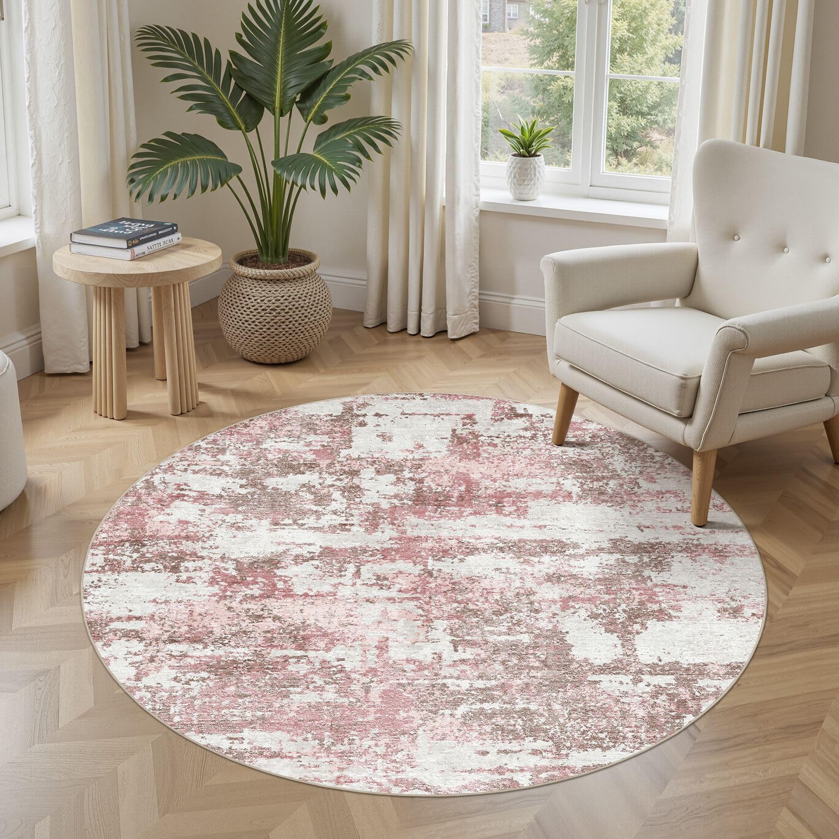 5ft Round Area Rugs for Living Room: 5x5 Abstract Washable Rug Modern Large Soft Stain Resistant Non-Slip Backing Machine Table for Bedroom Dining Room Indoor Home Office Carpet - Pink Image