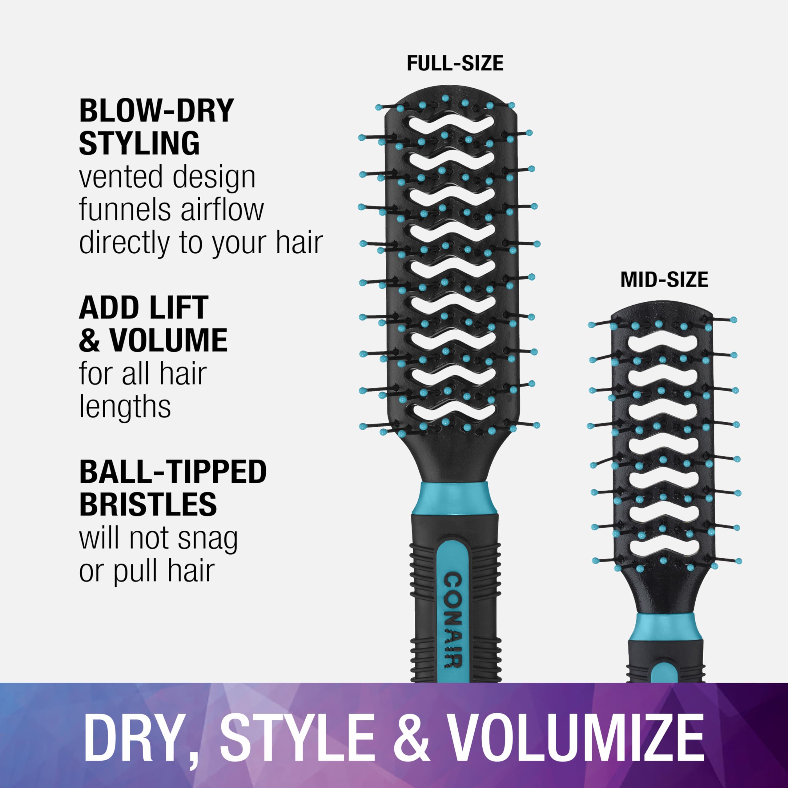 Conair Grip & Lift Vent Hairbrush 2PK, Full-Size and Mid-Size Brush Set, Nylon Bristle Hairbrushes for Blowout Styling, Value Pack