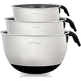Chef Essential Stainless Steel Non-Slip Mixing Bowls Set with Handles and Pour Spouts, Set of 3, Black