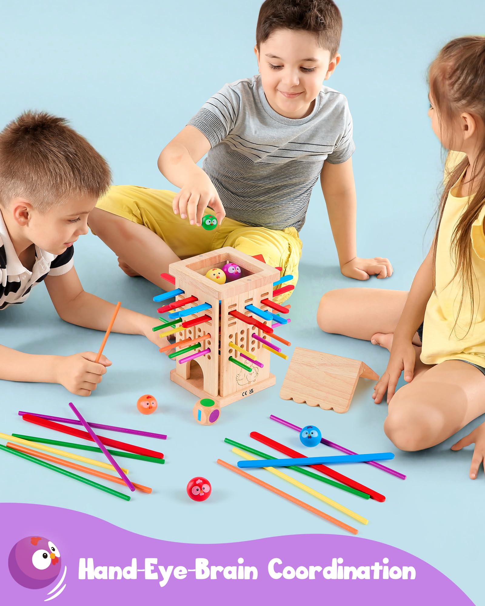 Montessori Spielzeug ab 3 4 5 6 Jahren - Brettspiele aus Holz, Kinder Lernspielzeug mit Bunten Stäbchen & Ball, Würfel Brettspiel für Motorik & Konzentration Geschenk für Mädchen Jungen 4