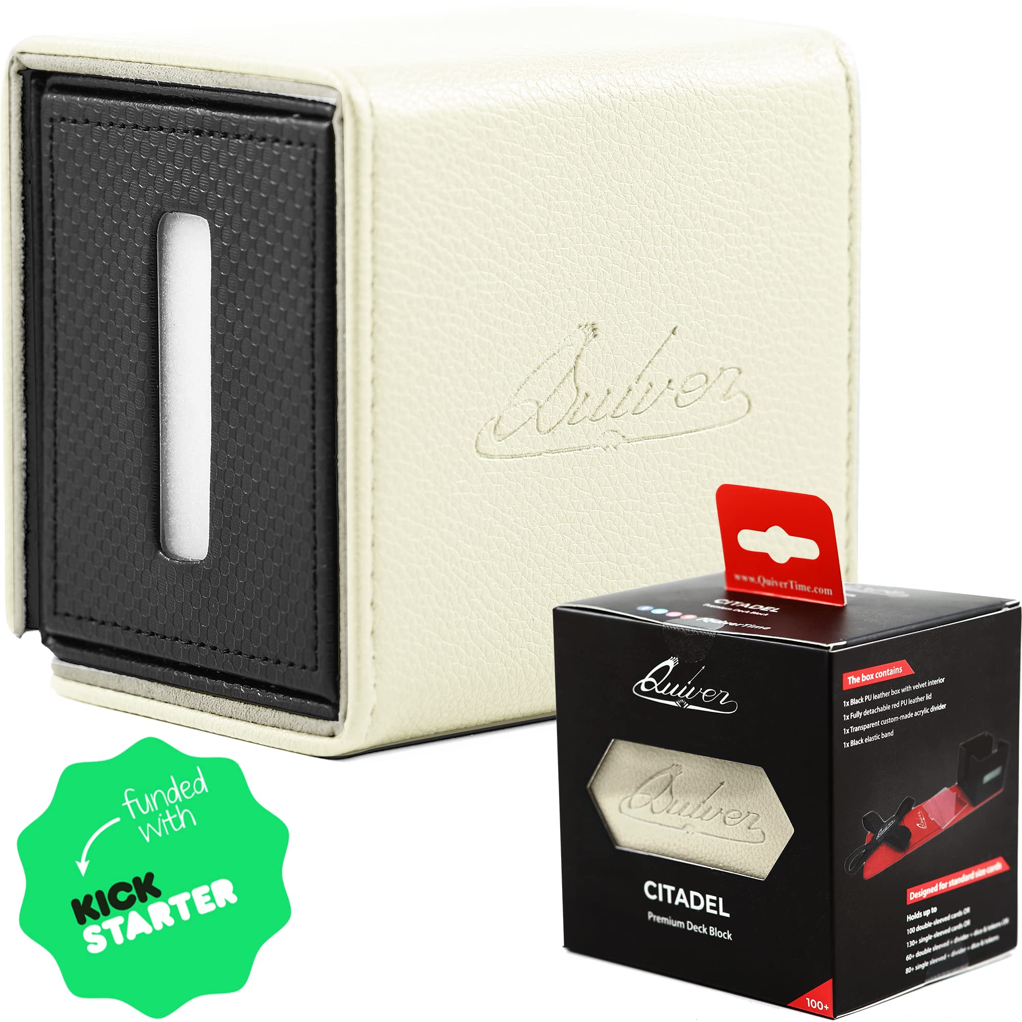 Quiver Time Citadel Deck Block White - 100+ Card Storage Box for Cards, Dice and Tokens, Custom Divider - Compatible with Commander MTG, Pokémon and other TCG games.