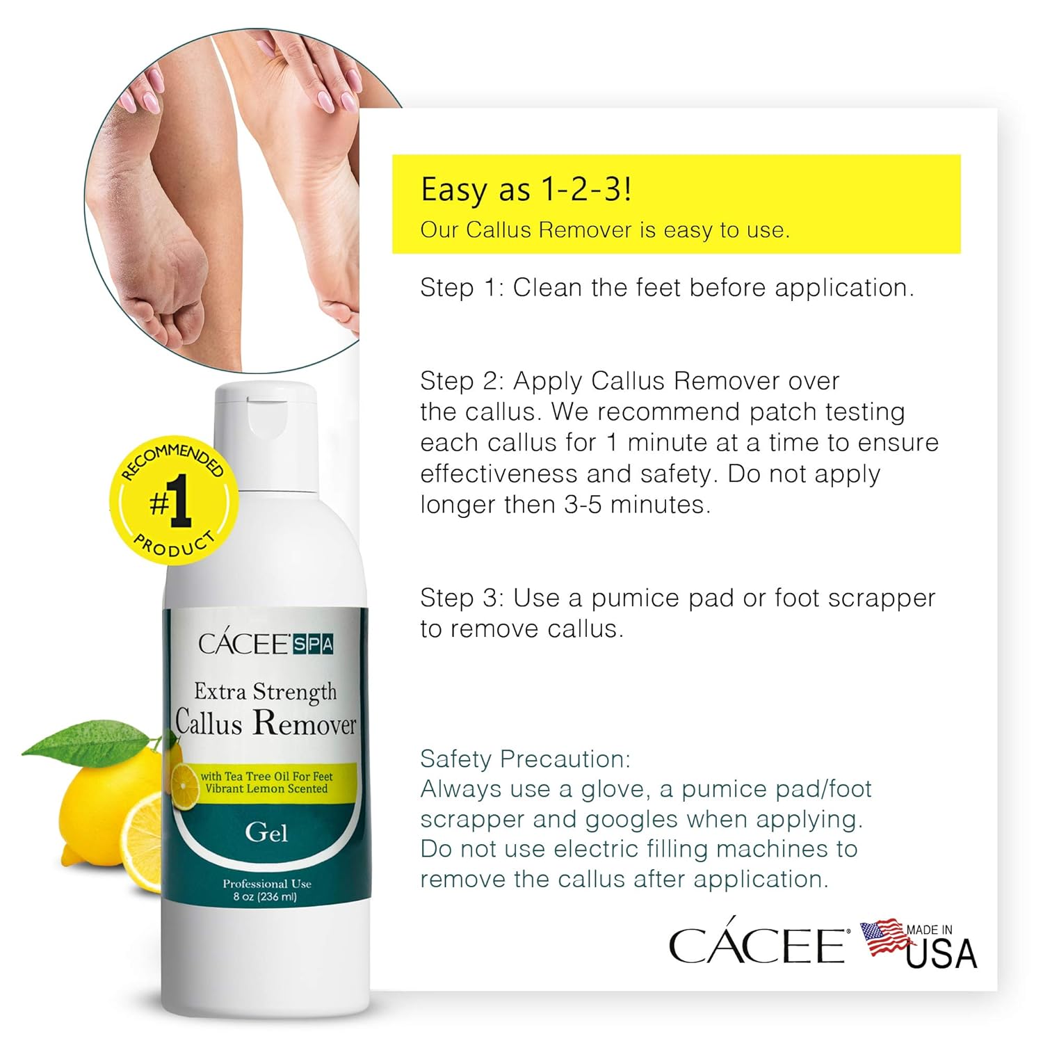 Cacee Callus Remover for Feet 8oz, Gel Formula with Tea Tree Oil & Lemon Scent, Works Great with Foot Scrubber, Foot File, or Pumice Stone, Callous or Corn Remover : Beauty