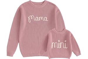 MYBFYABO Mommy and Me Family Matching Sweaters Letter Embroidery Long Sleeve Round Neck Knitwear Fall Winter Warm Tops