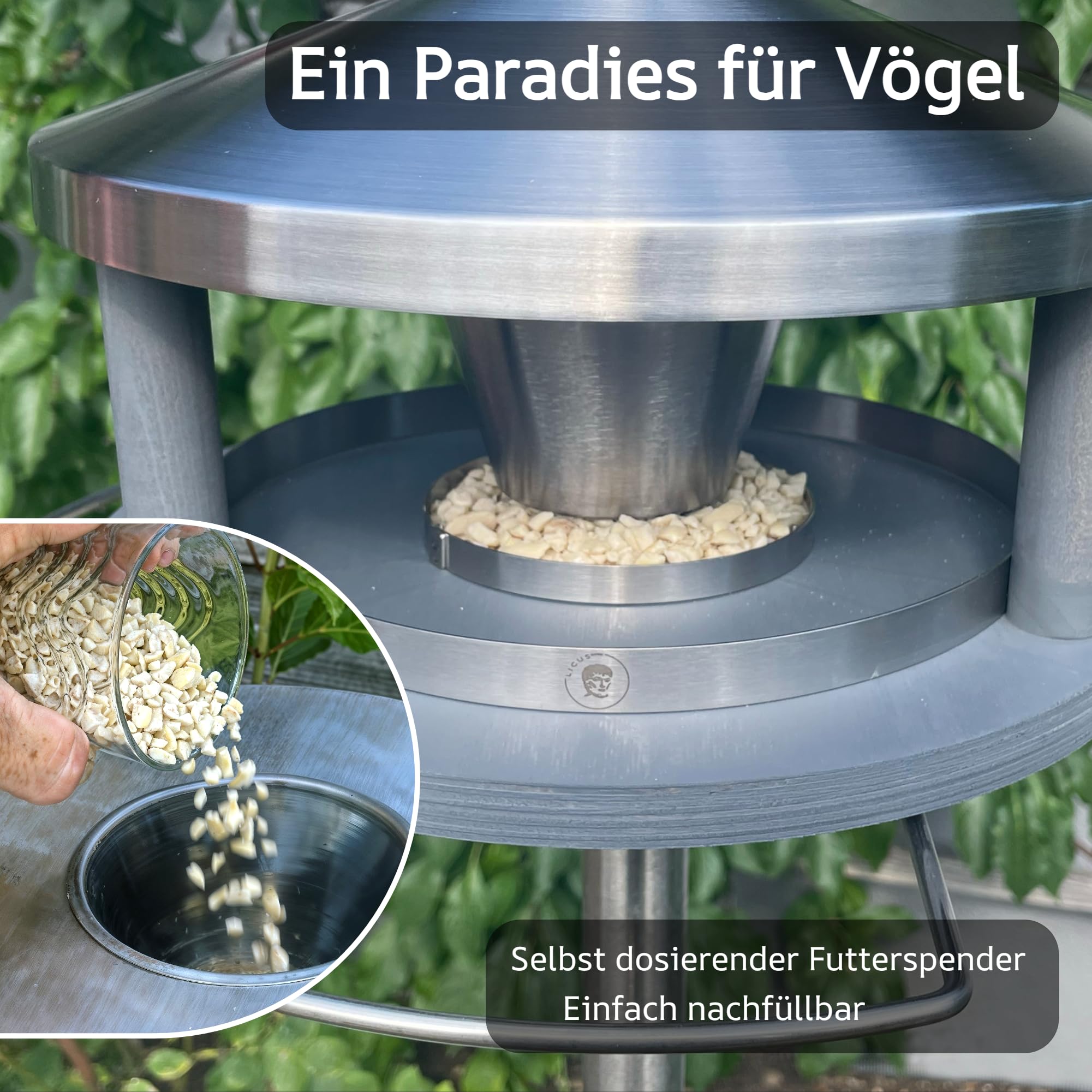 LicusDesign Vogelhaus mit Ständer wetterfest aus Edelstahl - Stabiles Vogelfutterhaus für draußen, modern aus Metall - Vogelfutterstation - Futterhaus für Vögel stehend 2