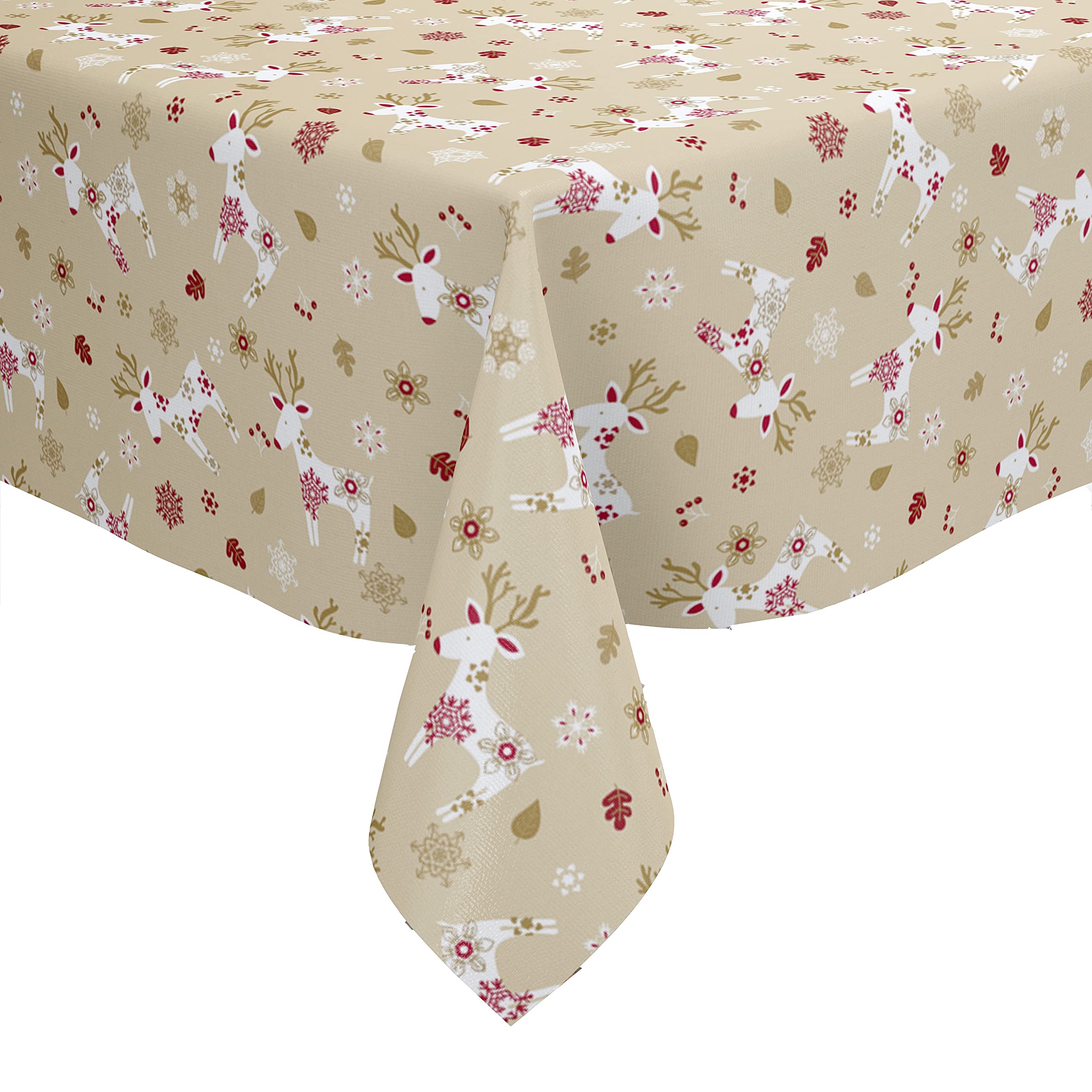 Karina Home Scandi Christmas Reindeer PVC Vinyl Wipe Clean Oilcloth Tablecloth (200cm x 140cm, Cream)
