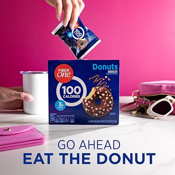 FIBER ONE 100 CALORIE DONUTS, CHOCOLATE SNACKS, 3G SUGAR, 4 CT, 3.28 OZ