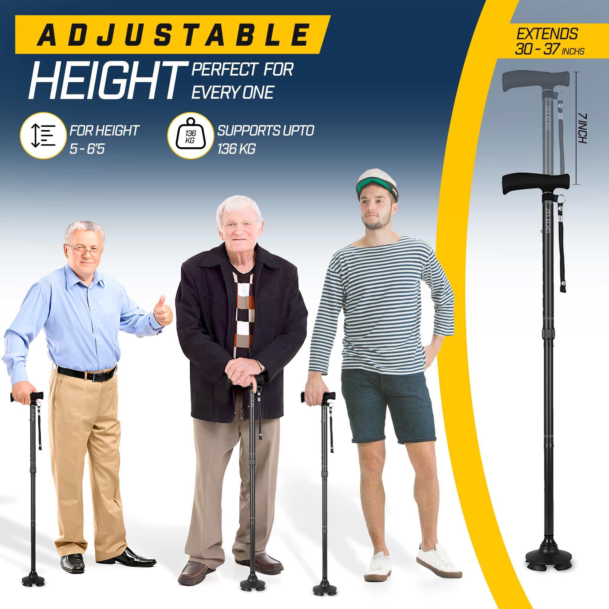 Walking Cane for Women & Men - Self Standing Adjustable Folding Cane with T Handle and 360 Pivot Base - Lightweight Foldable Walking Stick for Seniors - Collapsible Cane for Walking