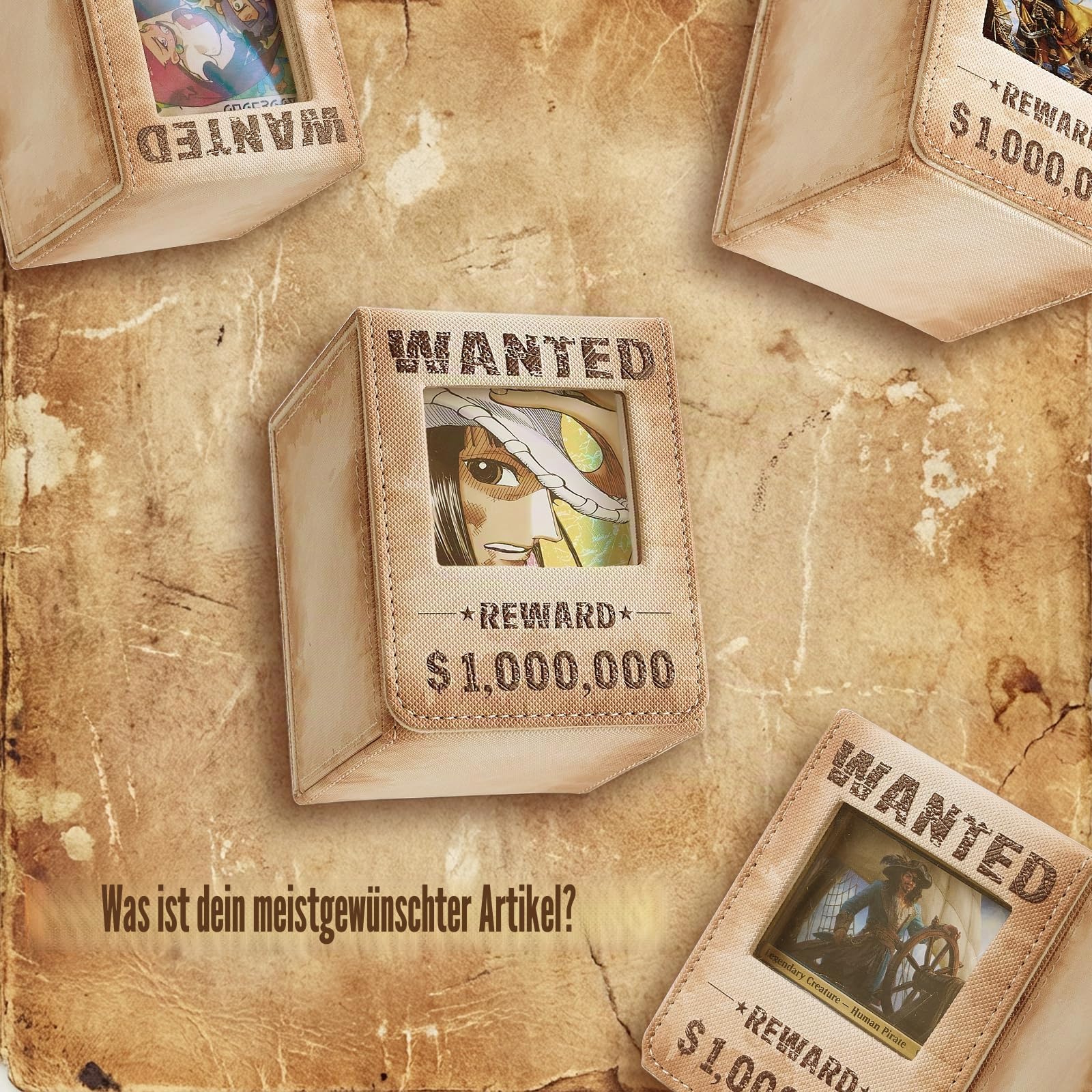 Venssu Wanted Poster Style Deckbox mit Commander Display, MTG Kartenbox für 120 Einfach Gesleevte Karten, Sammelkarten Aufbewahrungsbox aus PU-Leder mit 2 Trennwänden, kompatibel mit One Piece/TCG 3
