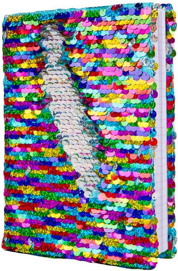 Magic Sequin Journal Reversible Sequin Office Notebook Mermaid Notepad School Diary for Girls Adults Festival Birthday Gifts (Rainbow/Silver)